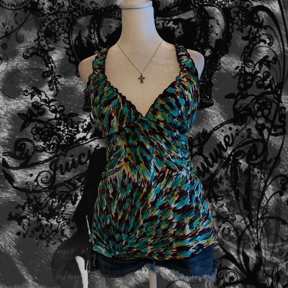 deep earthy brown teal blue green abstract v neck boho glam halter top